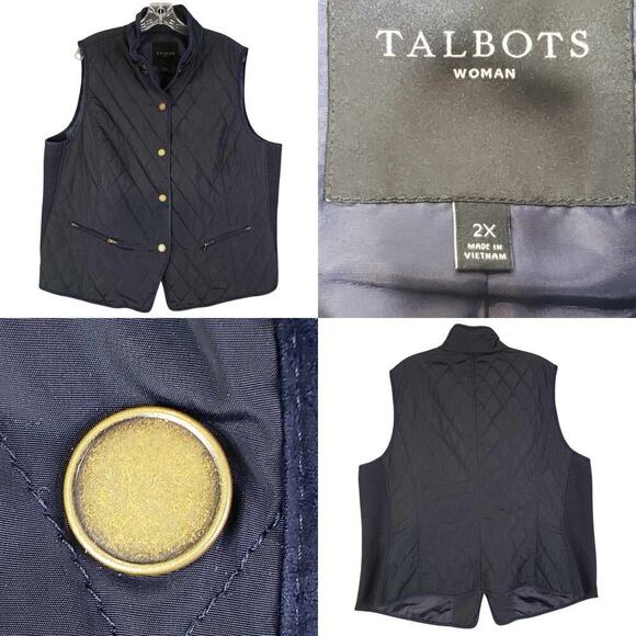 Talbots Plus Quilted Vest Womens 2X Lightweight Puffer Navy Blue Gold Button - Picture 1 of 9